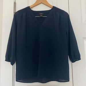 Ann Taylor🌟 Navy Blue Sheer Blouse- V neck/Scrunch  3/4 Sleeve 🌟 Size: XSP-